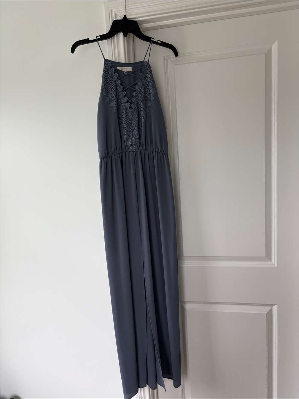 Wayf Slate Blue Crochet Lace-Up Maxi Dress